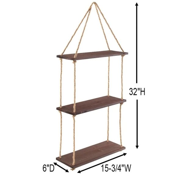 Hanging Wall Shelf Hemp Rope Brown Wood 3 Shelves 15-3/4W x 6D x 32H New - Picture 3 of 5